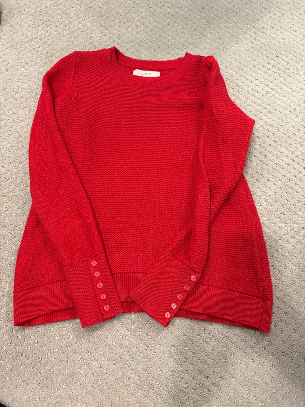 LOFT Bright Red Crewneck Sweater with Button Cuffs